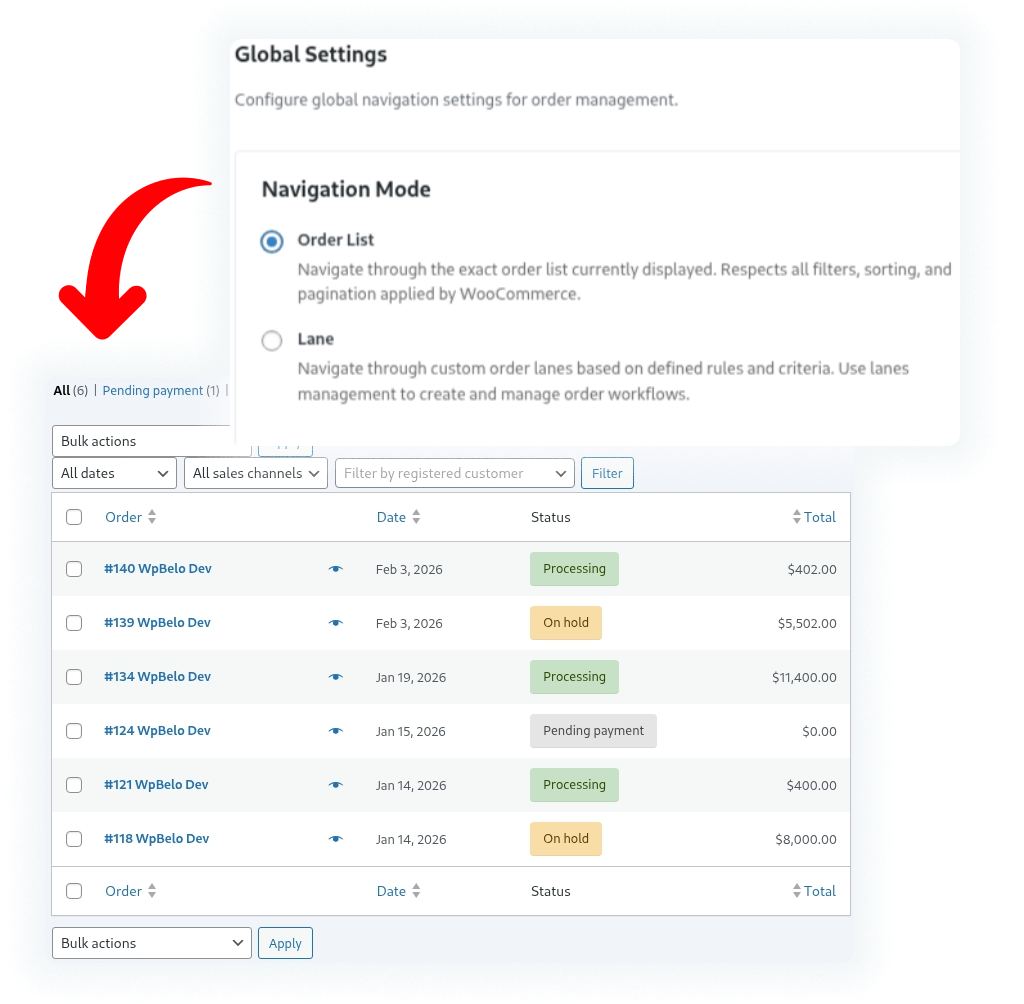 Navigation Mode 1 — Order List Navigation screenshot showing Global Settings panel and WooCommerce order list